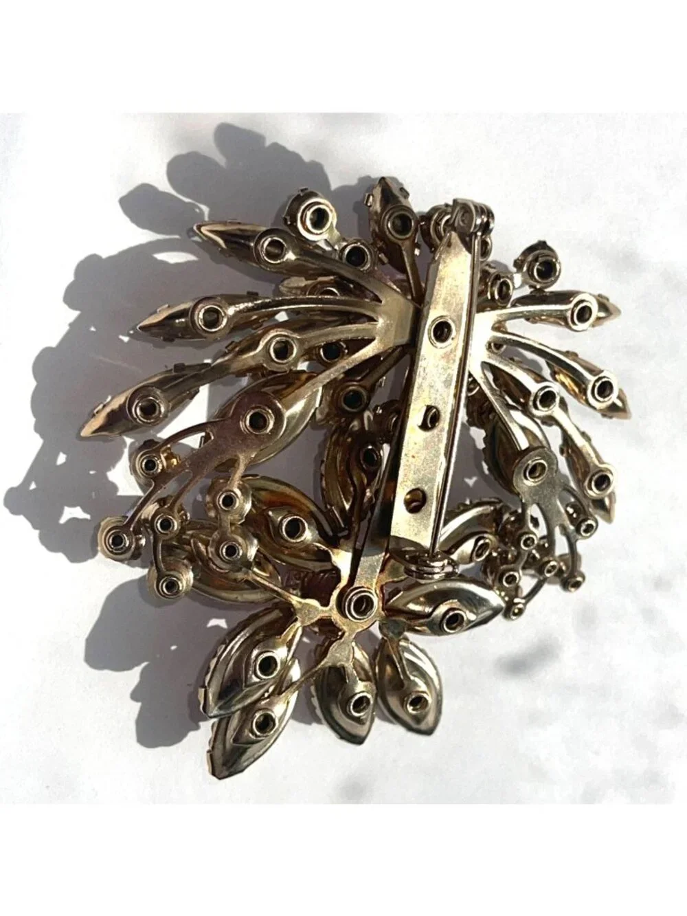 Large Vintage Mid-Century Floral Brooch W/ Smokey Purple Navette Rhinestones